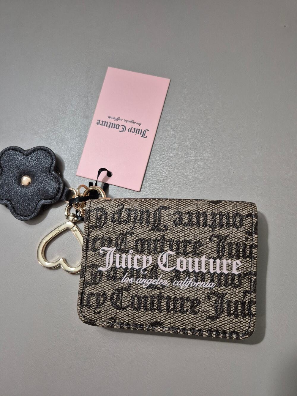 Juicy Couture Summer Garden Card Case Key Fob NWT Monogram Taupe Brown Pink